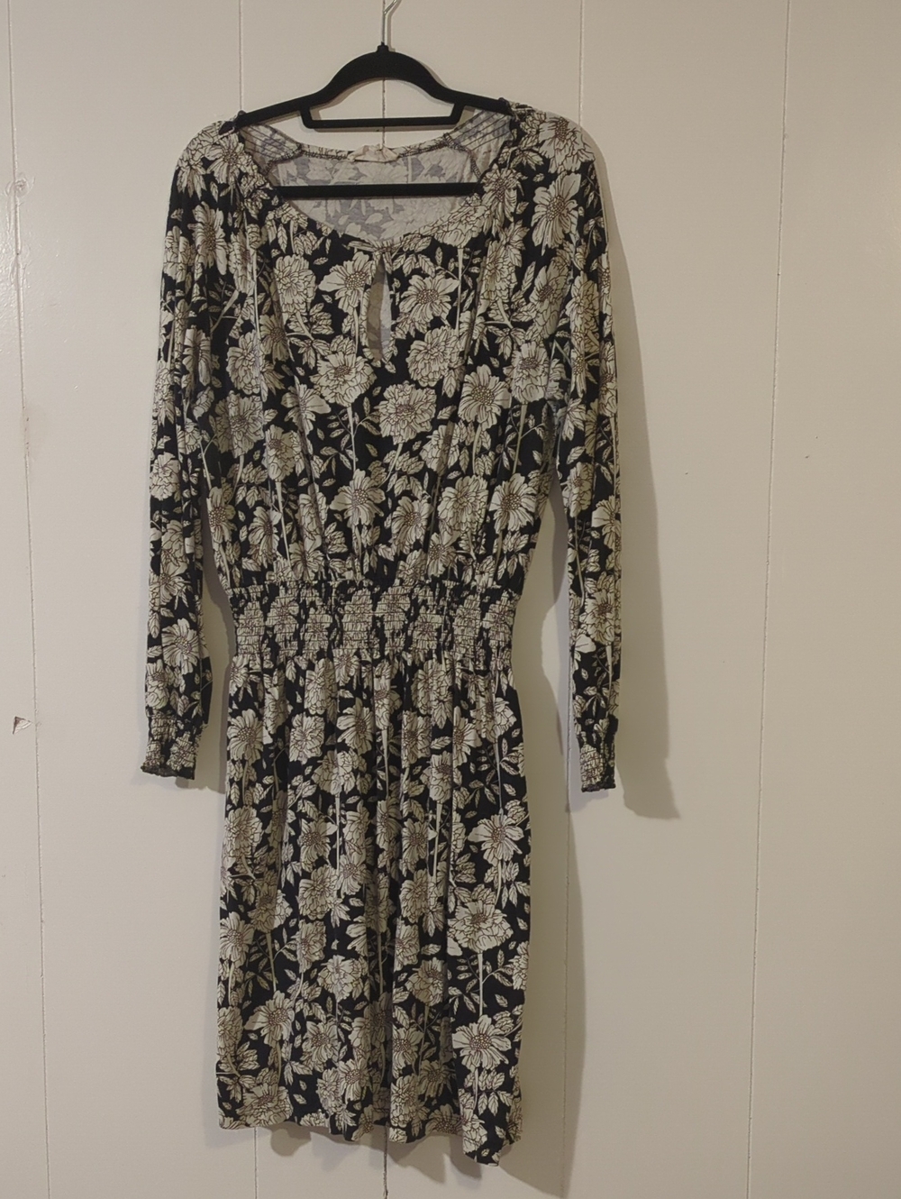 Organic Cotton Black Floral Long-Sleeve Smocked Waist Dress